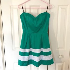 Bebe Green and White Striped Strapless Dress | M
